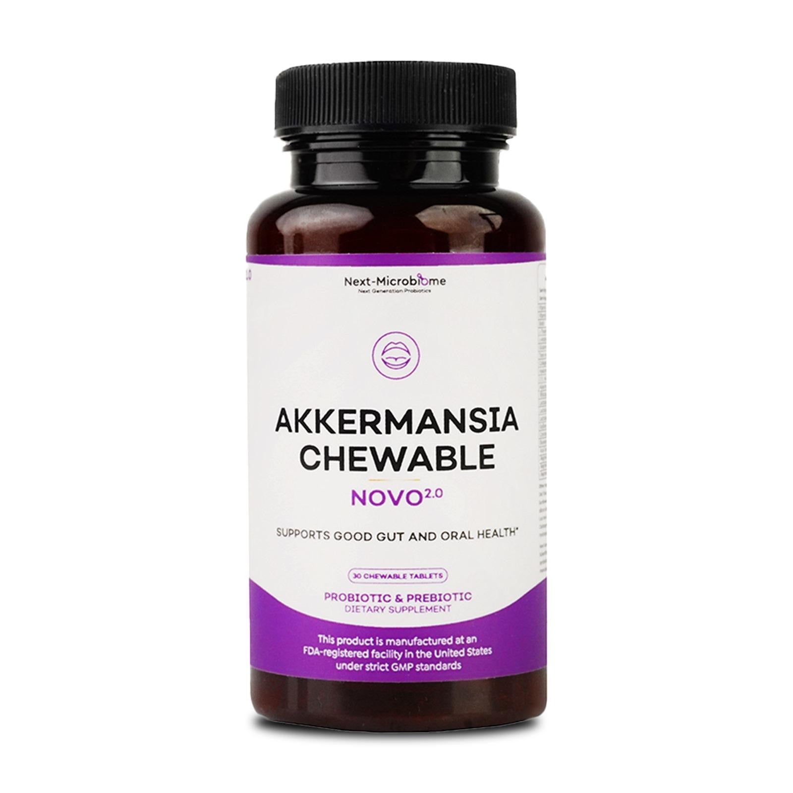 Chewable Akkermansia Probiotic and Prebiotic Supplement NOVO 2.0 with HMO, Supports Gut and Oral Microbiome, Enhances Digestive Health, Promotes Skin Vitality, Targeted Delivery, 30 Tablets