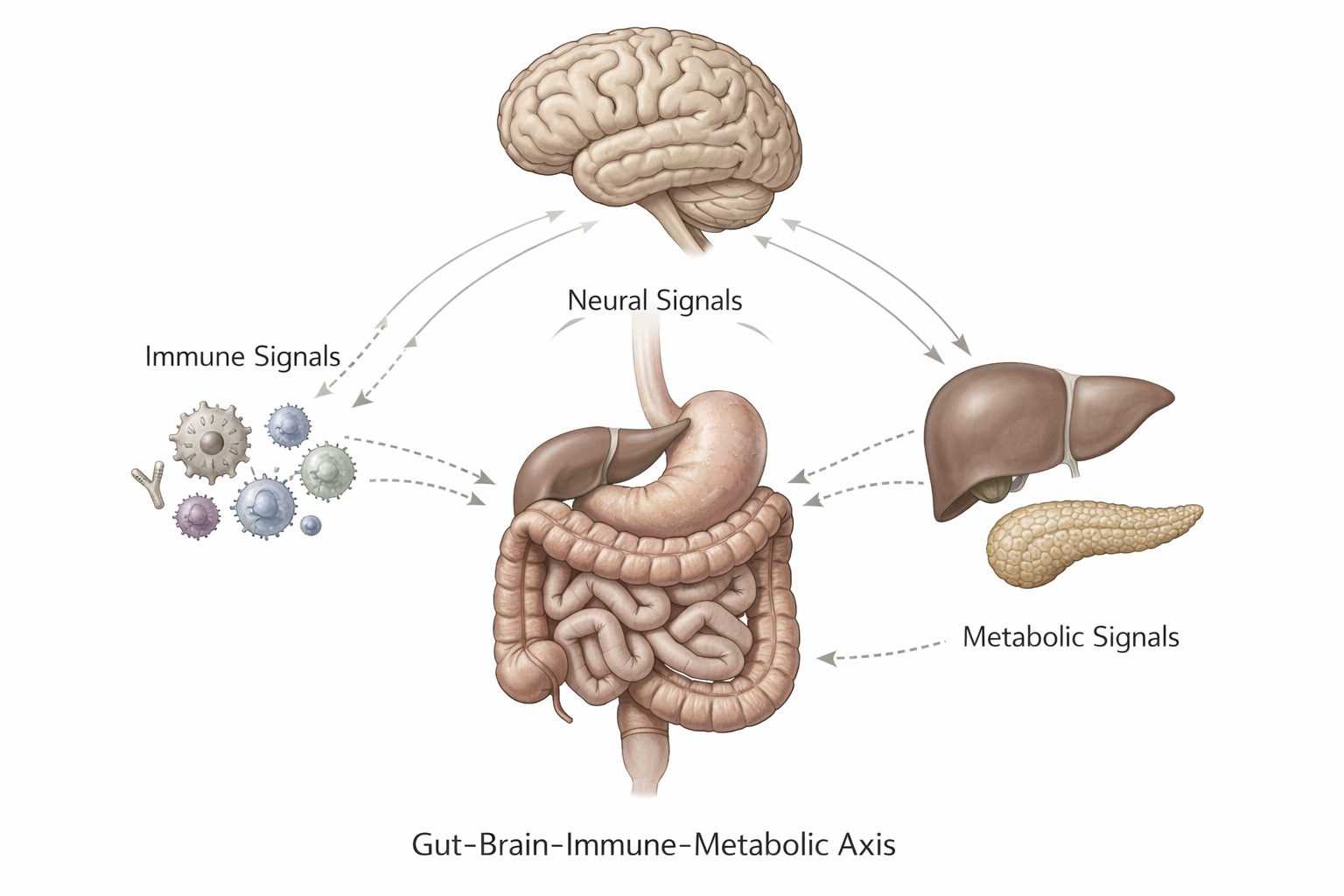 Illustration showing how the gut microbiome communicates with the brain, immune system, and metabolism through neural, immune, and microbial signaling pathways.