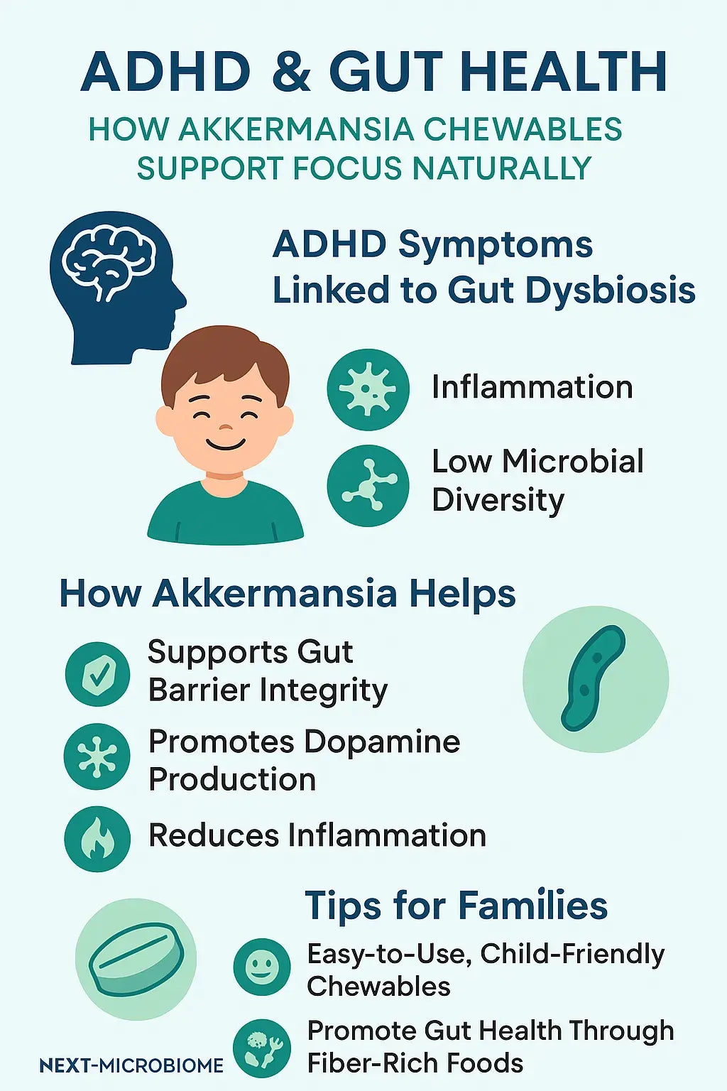 Gut health and ADHD symptoms promoting Akkermansia chewables as a natural support for focus