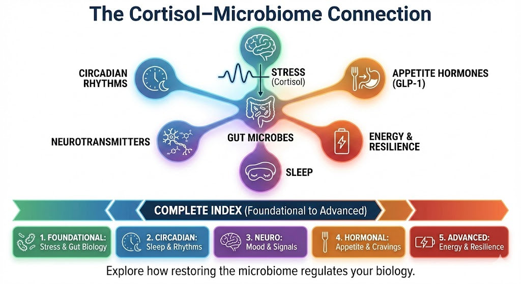 Diagram showing the Cortisol-Microbiome connection and how stress interacts with gut microbes to impact sleep, appetite hormones, and biological resilience.