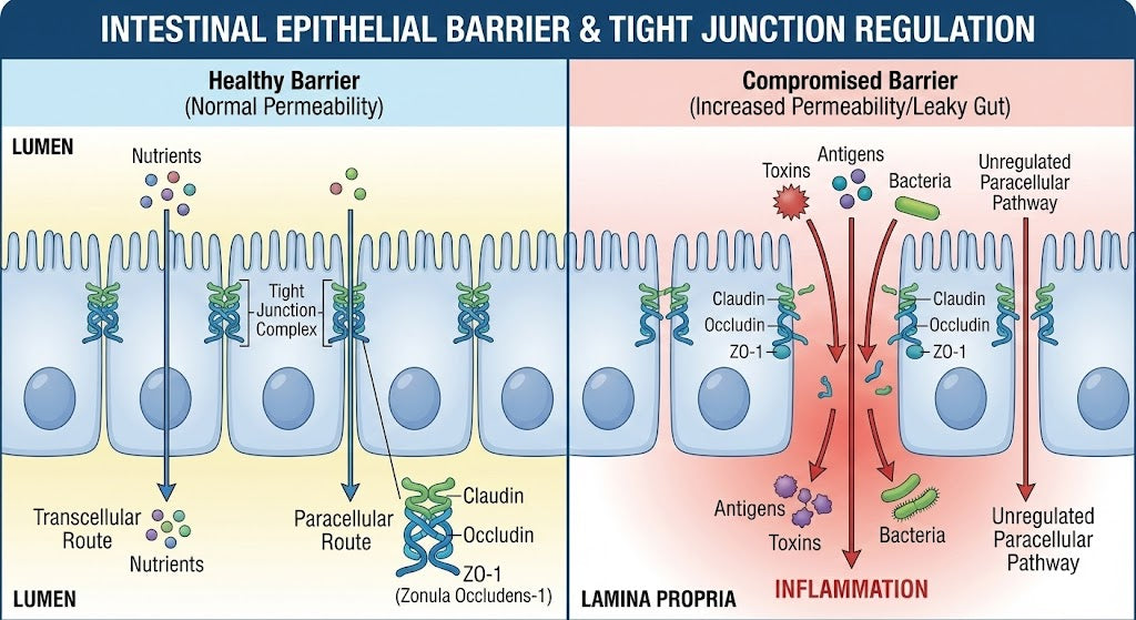 Comparison of a healthy intestinal barrier and dysregulated intestinal permeability, showing intact tight junctions versus increased permeability.