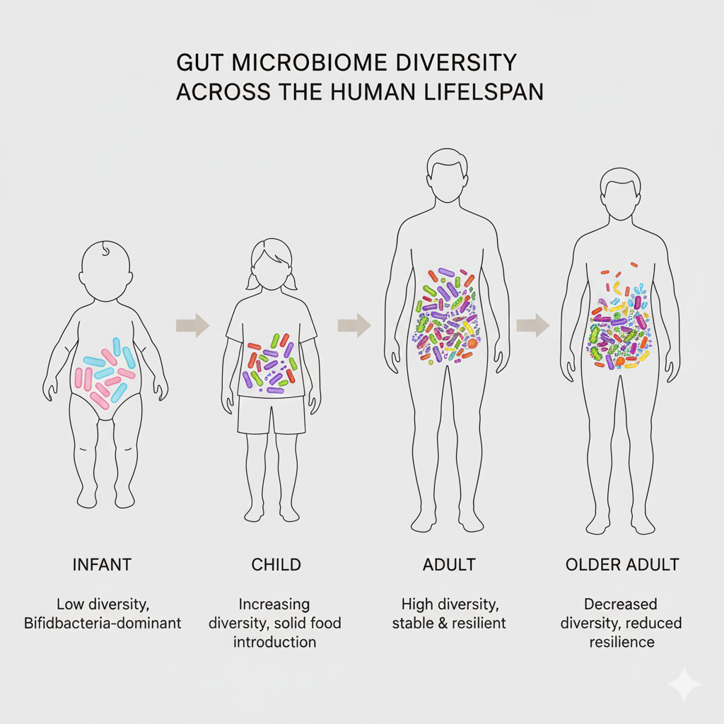 Illustration showing how the gut microbiome develops and changes from infancy through adulthood and aging, highlighting life-stage–specific microbial diversity.
