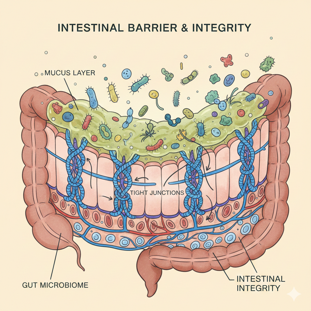 Illustration showing the intestinal barrier with epithelial cells, tight junctions, mucus layer, and gut microbiome supporting intestinal integrity