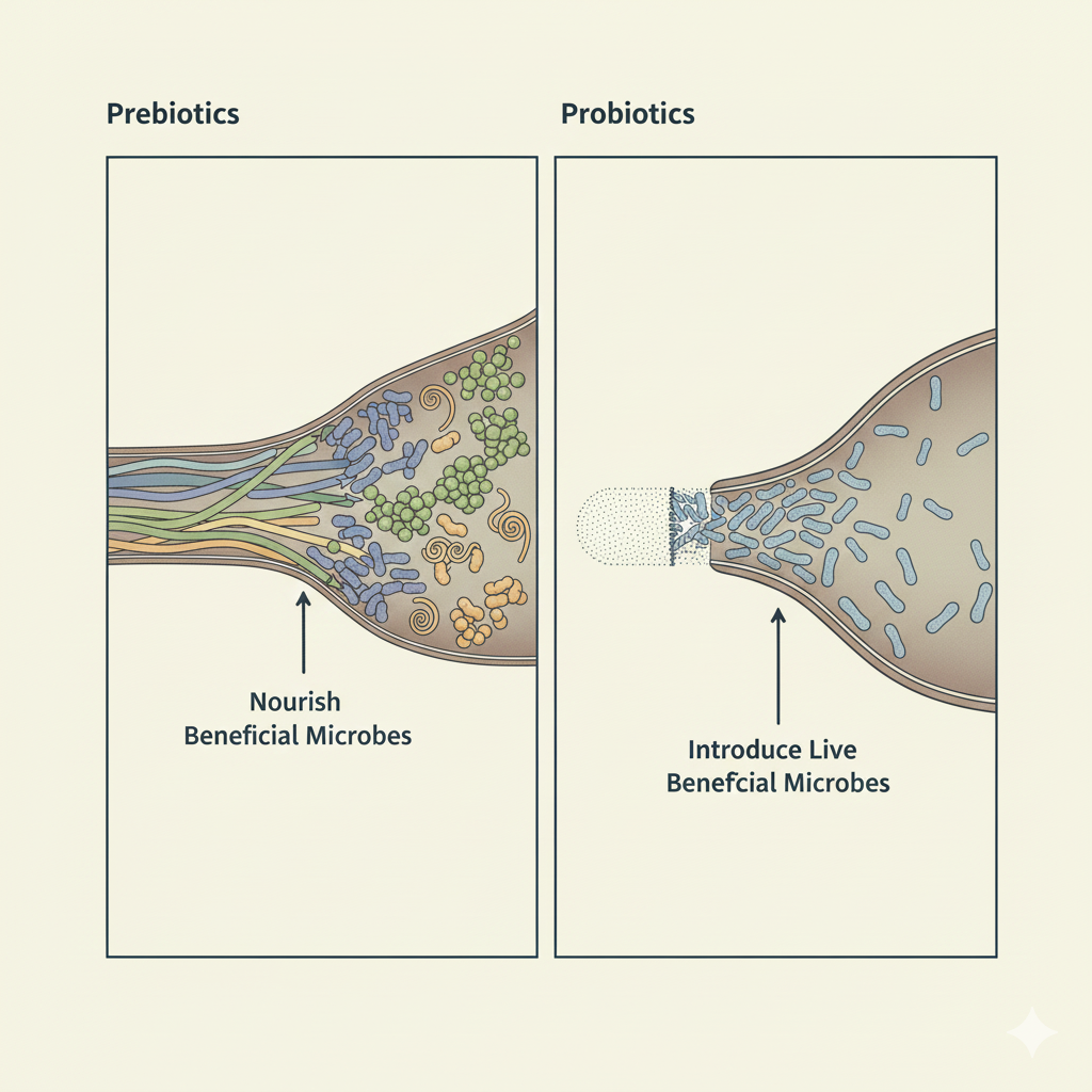 Difference between prebiotics and probiotics in shaping gut microbiome function