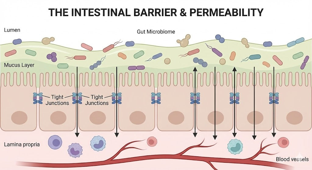Illustration of the intestinal barrier showing epithelial cells, tight junctions, mucus layer, and gut microbiome regulating intestinal permeability