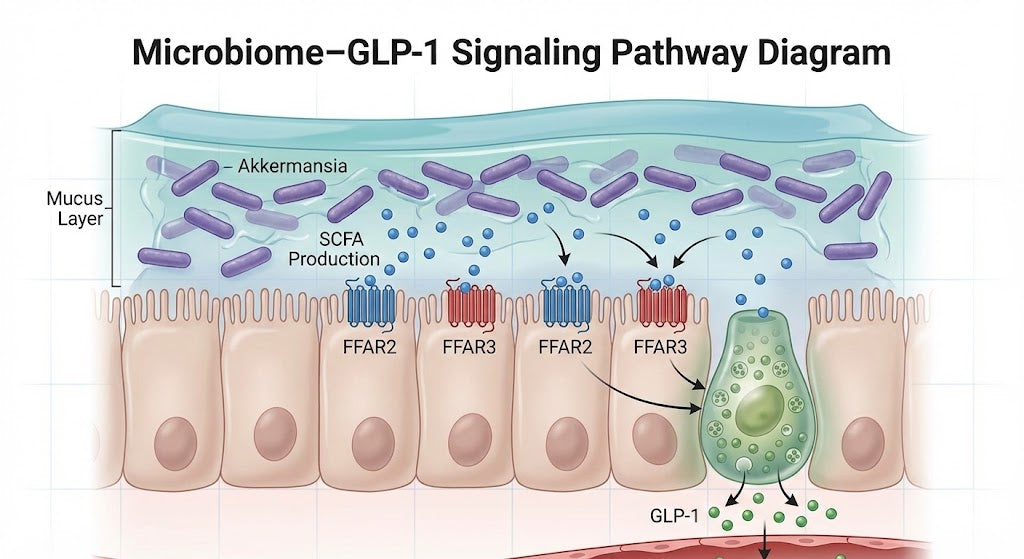 Diagram showing how Akkermansia muciniphila supports GLP-1 secretion through SCFA production, mucus layer regulation, and enteroendocrine L-cell signaling in the gut.