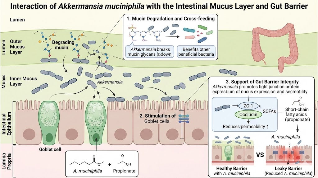Scientific illustration of Akkermansia muciniphila interacting with the intestinal mucus layer and supporting gut barrier integrity