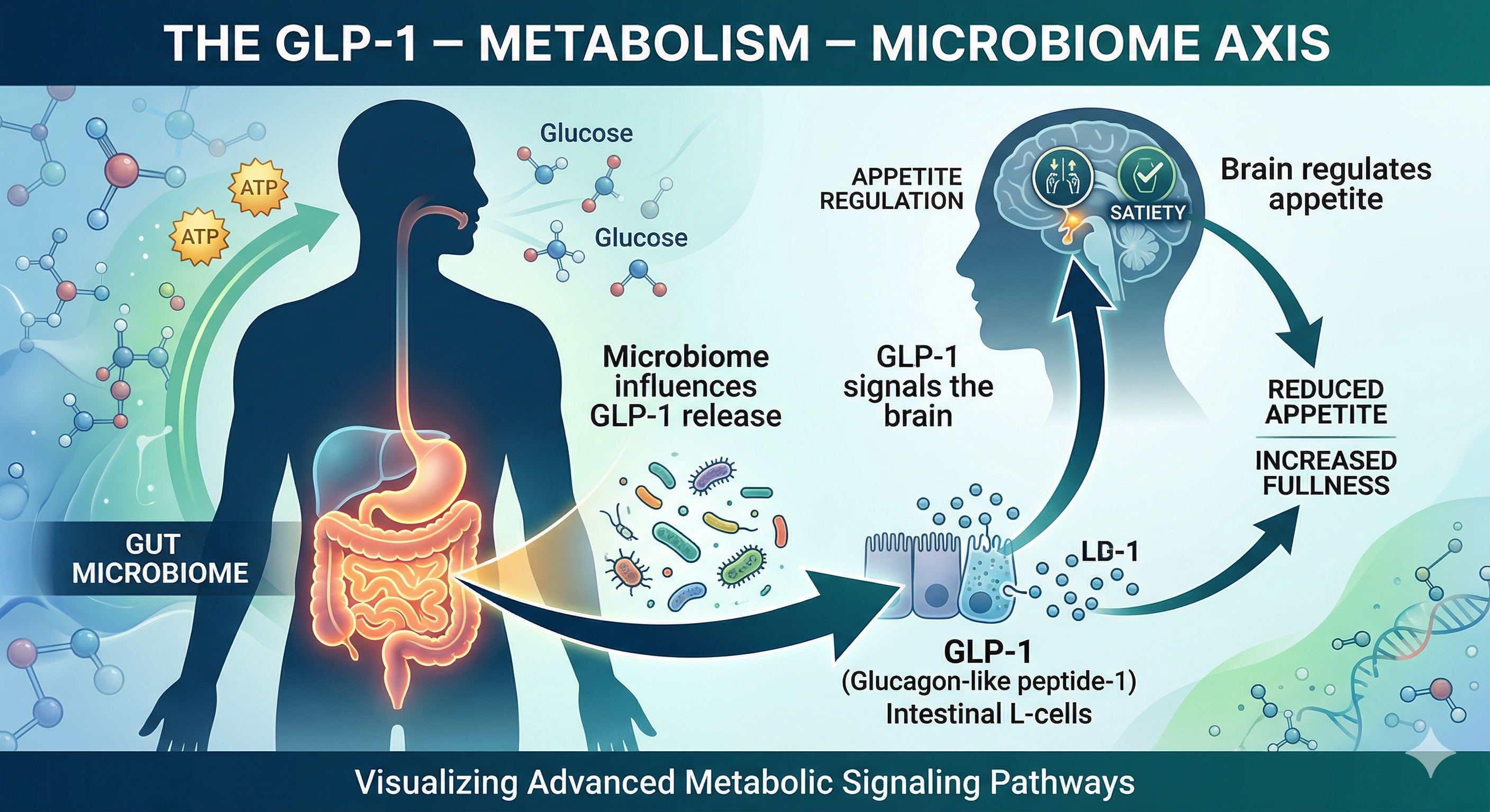 GLP-1 microbiome signaling pathway showing how gut bacteria and short-chain fatty acids regulate metabolism and appetite