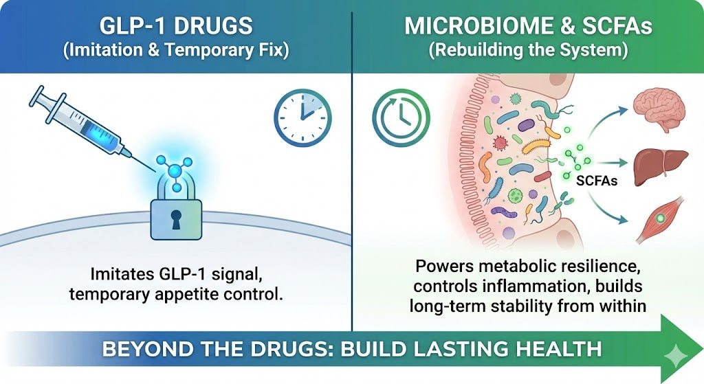 Comparison chart contrasting GLP-1 drugs as a temporary fix against microbiome and SCFAs, which rebuild the system for lasting metabolic health