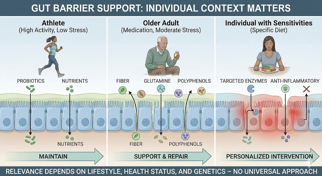 Illustration showing how gut barrier support relevance depends on individual context rather than a universal condition.