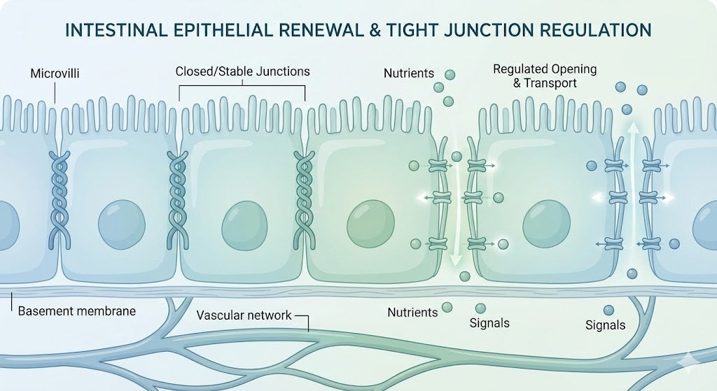 Diagram illustrating intestinal epithelial renewal and tight junction regulation involved in gut barrier function.