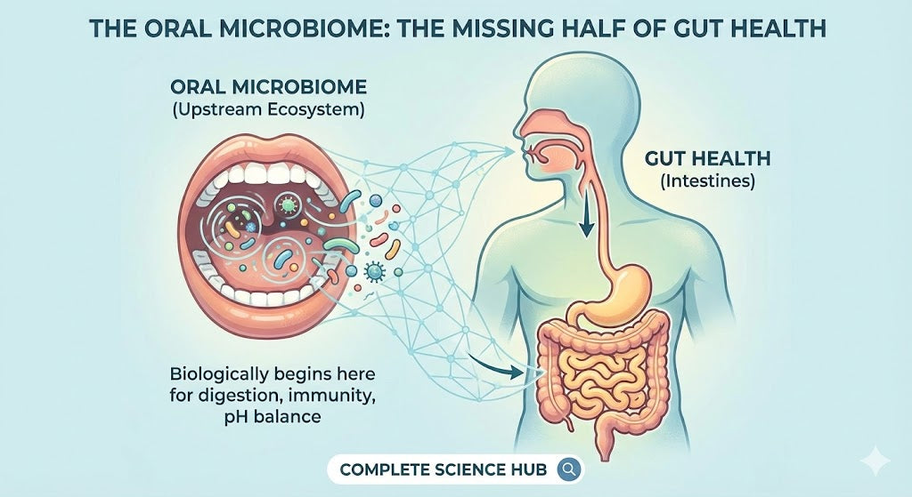 Infographic illustrating the connection between the oral microbiome in the mouth and overall gut health.