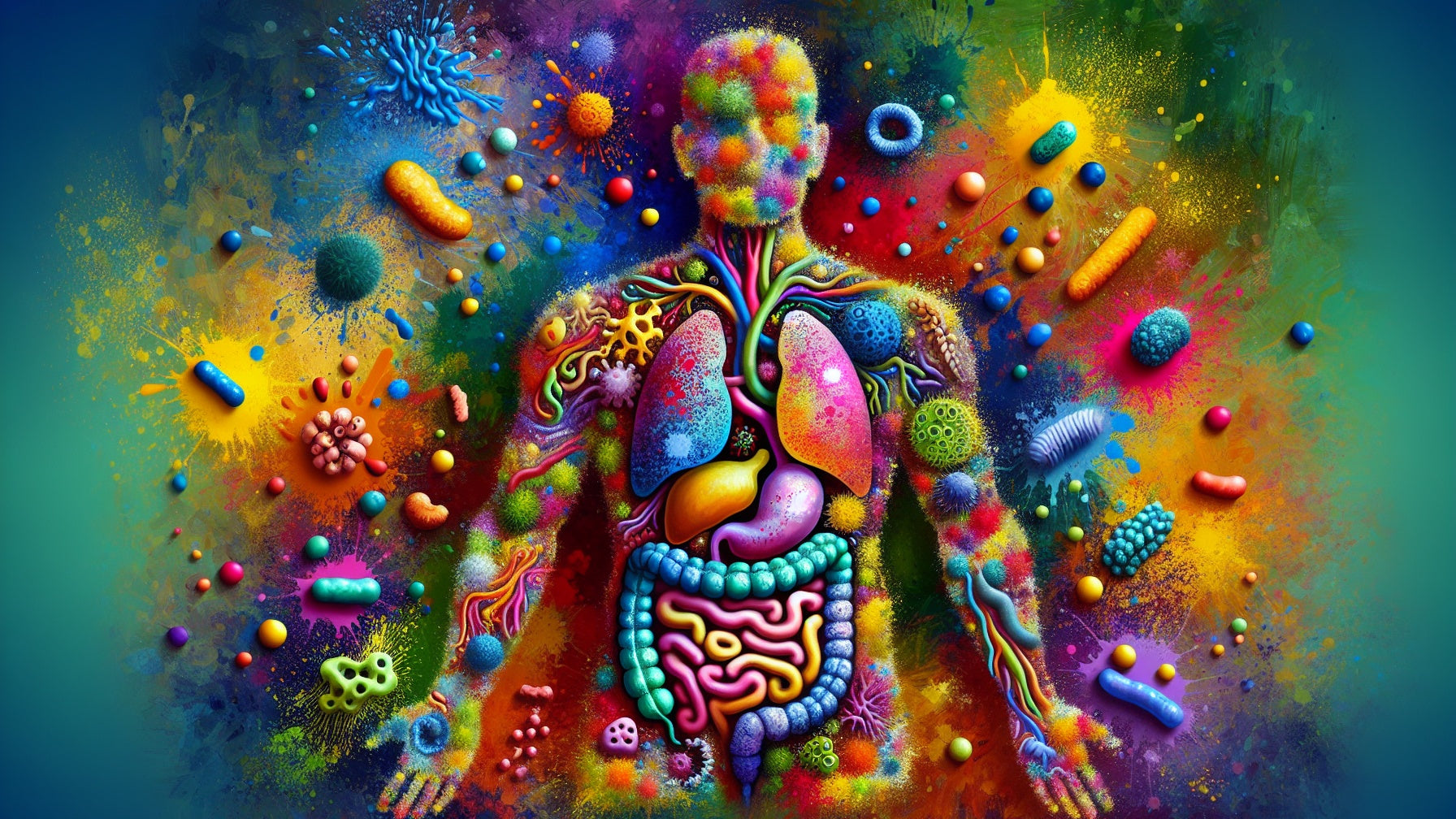 Illustration showing the human microbiome across the gut, oral cavity, and other body sites, highlighting how microbial ecosystems regulate digestion, immunity, and metabolism.