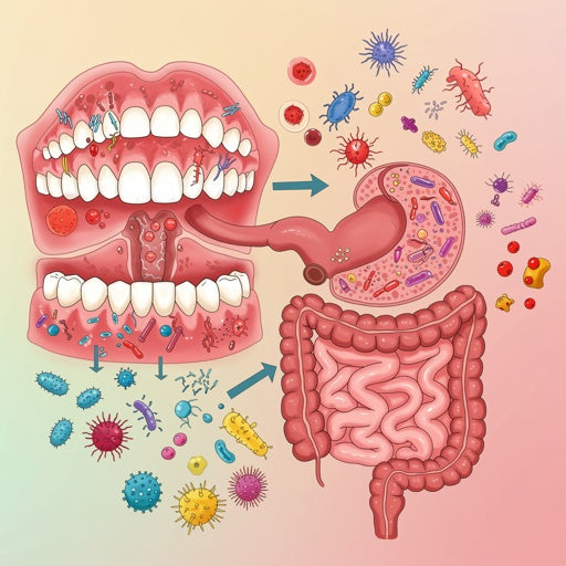 Diagram illustrating the oral–gut axis, showing saliva transporting oral bacteria, immune molecules, and enzymes from the mouth to the gastrointestinal tract