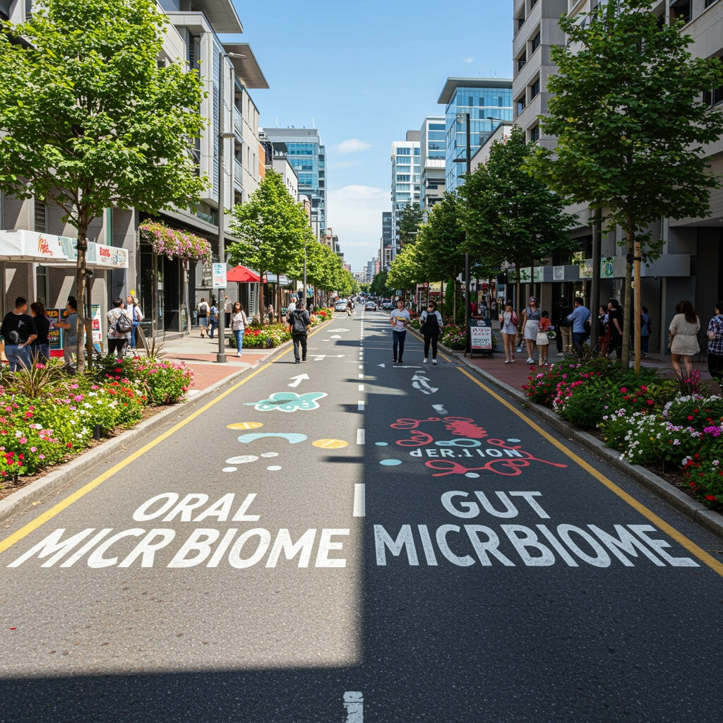 Illustration representing the oral–gut microbiome axis, showing how oral microbes influence gut health, immune signaling, sleep, and metabolic regulation.