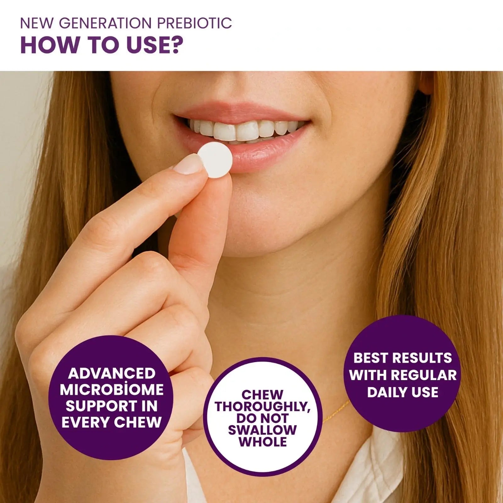 Person holding a chewable prebiotic tablet near lips with usage instructions