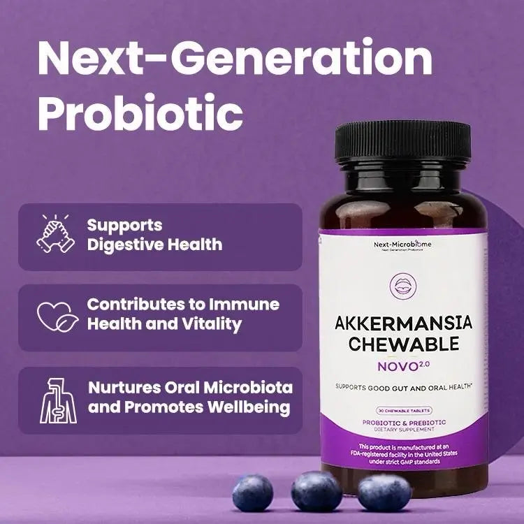 Akkermansia Chewable NOVO 2.0 next-generation probiotic supplement bottle by Next-Microbiome