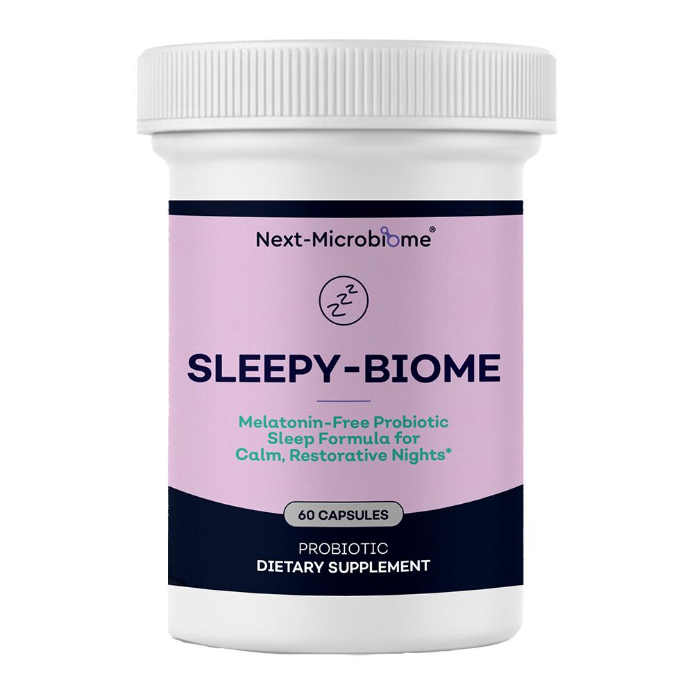 Sleepy-Biome probiotic sleep supplement bottle — natural melatonin-free formula with GABA, L-Theanine, and 5-HTP for deep restorative sleep