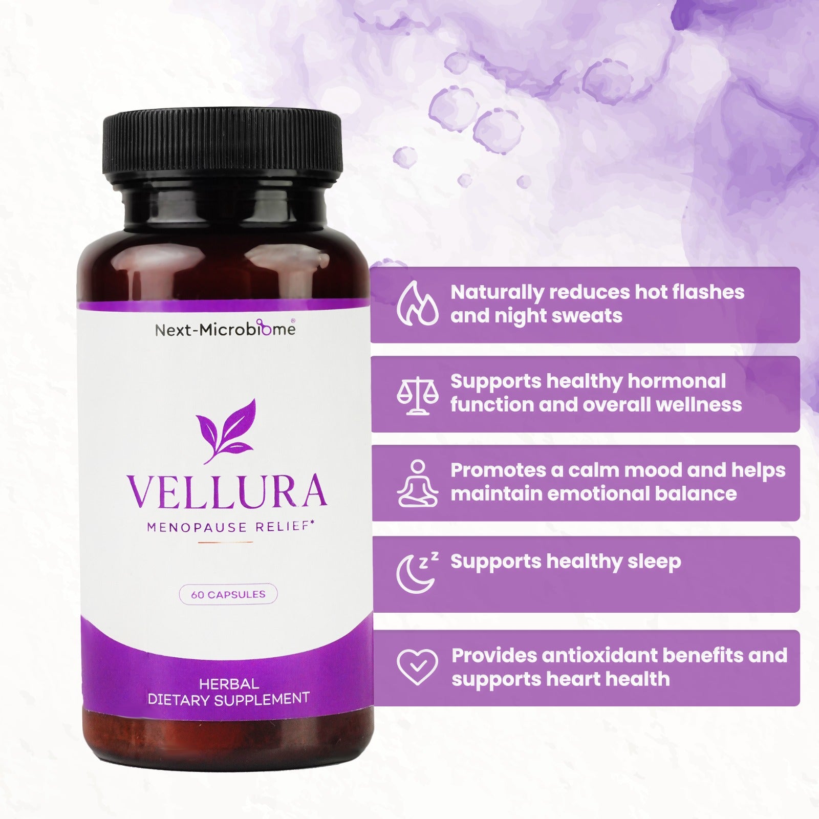 Vellura Menopause Relief - Advanced Herbal Supplement with Prebiotic Blend for Menopausal Support, Hot Flash Relief, Mood Stabilization - 60 Capsules