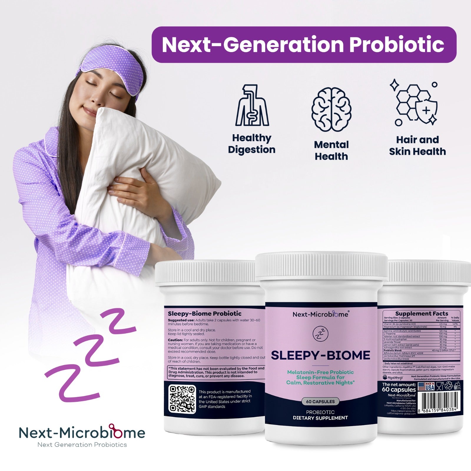 Sleepy-Biome gut-brain probiotic blend featuring L. brevis, B. bifidum, and L. rhamnosus GG to support serotonin and calm sleep.