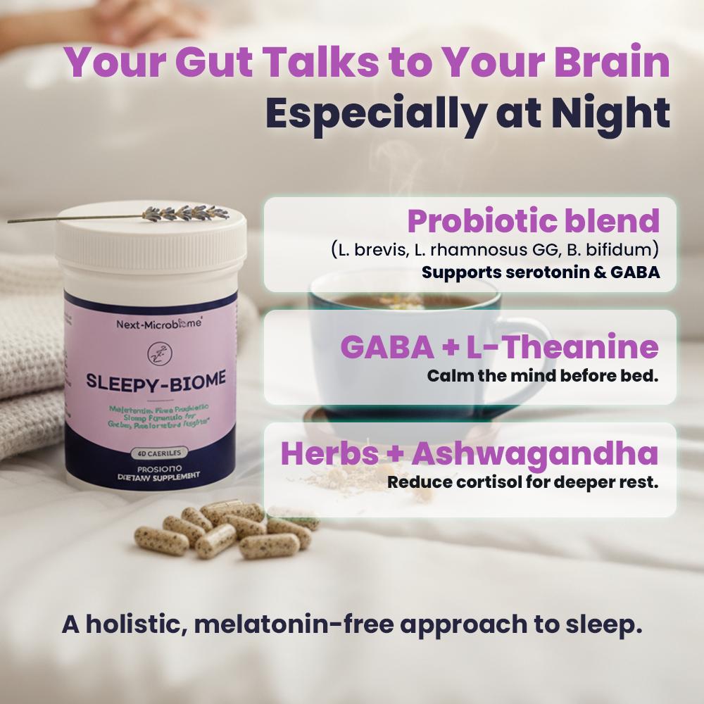 Natural herbal sleep support — Valerian, Lemon Balm, and Lavender in Sleepy-Biome formula for relaxation and peaceful rest.