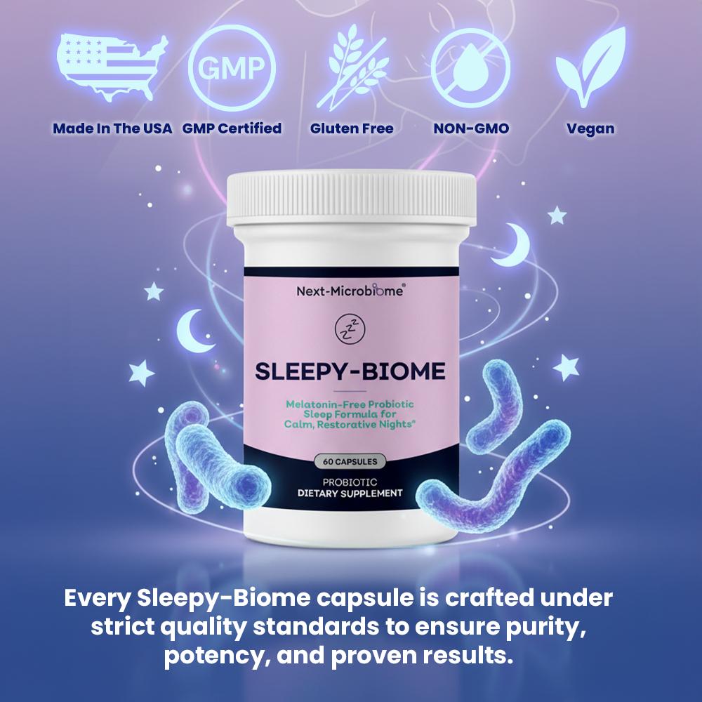 Sleepy-Biome capsules on bedside table — probiotic and herbal blend supporting gut-brain connection and natural sleep rhythm.