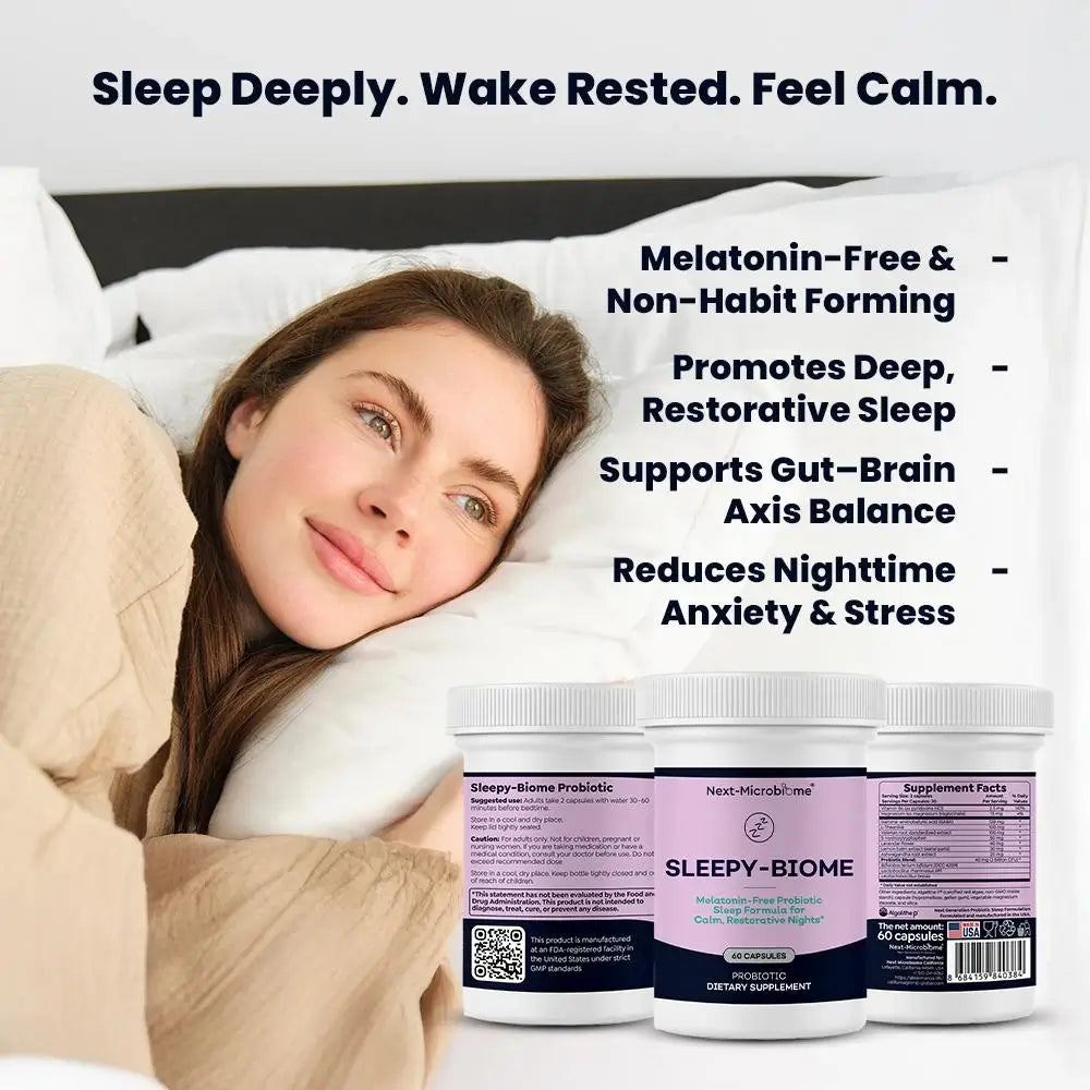Sleepy-Biome probiotic dietary supplement displayed beside a woman resting in bed, with on-image text highlighting melatonin-free support, deep restorative sleep, and calm nights.