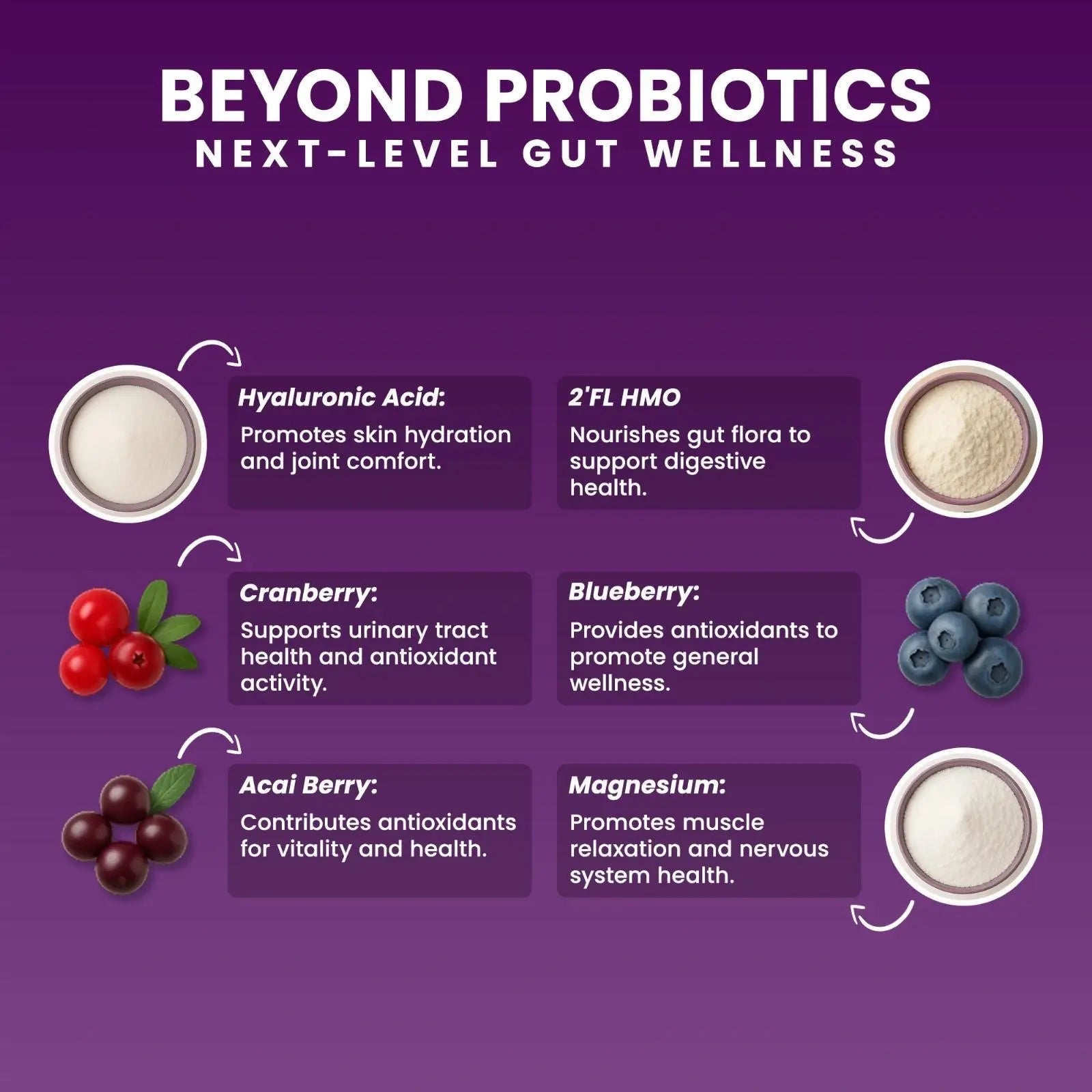 Next-Microbiome Probiotics graphic highlighting hyaluronic acid, 2’FL HMO, cranberry, blueberry, acai berry, and magnesium for gut wellness