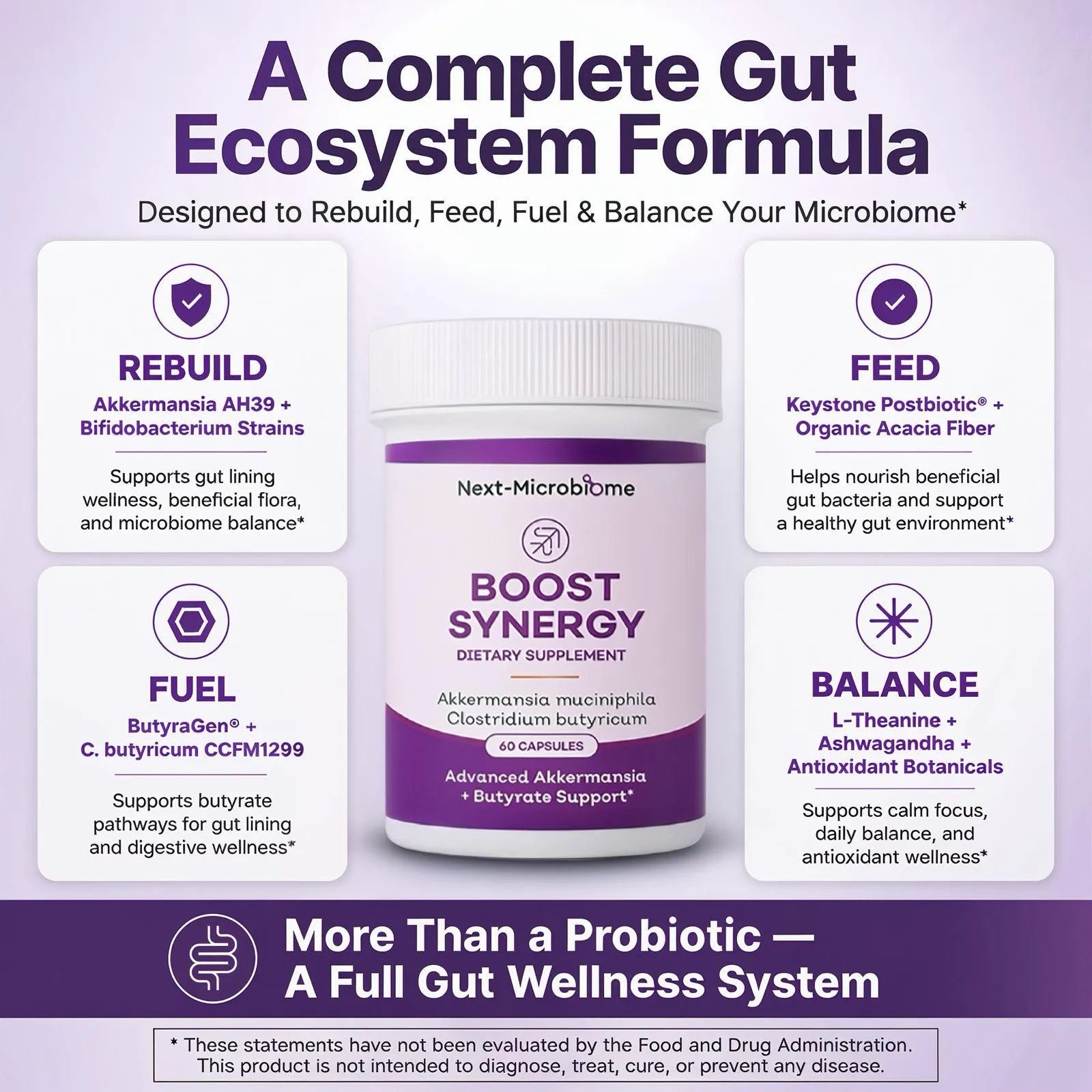 Boost Synergy product infographic showing key benefits for gut and metabolic health, including rebuild, feed, fuel, and balance support for the microbiome