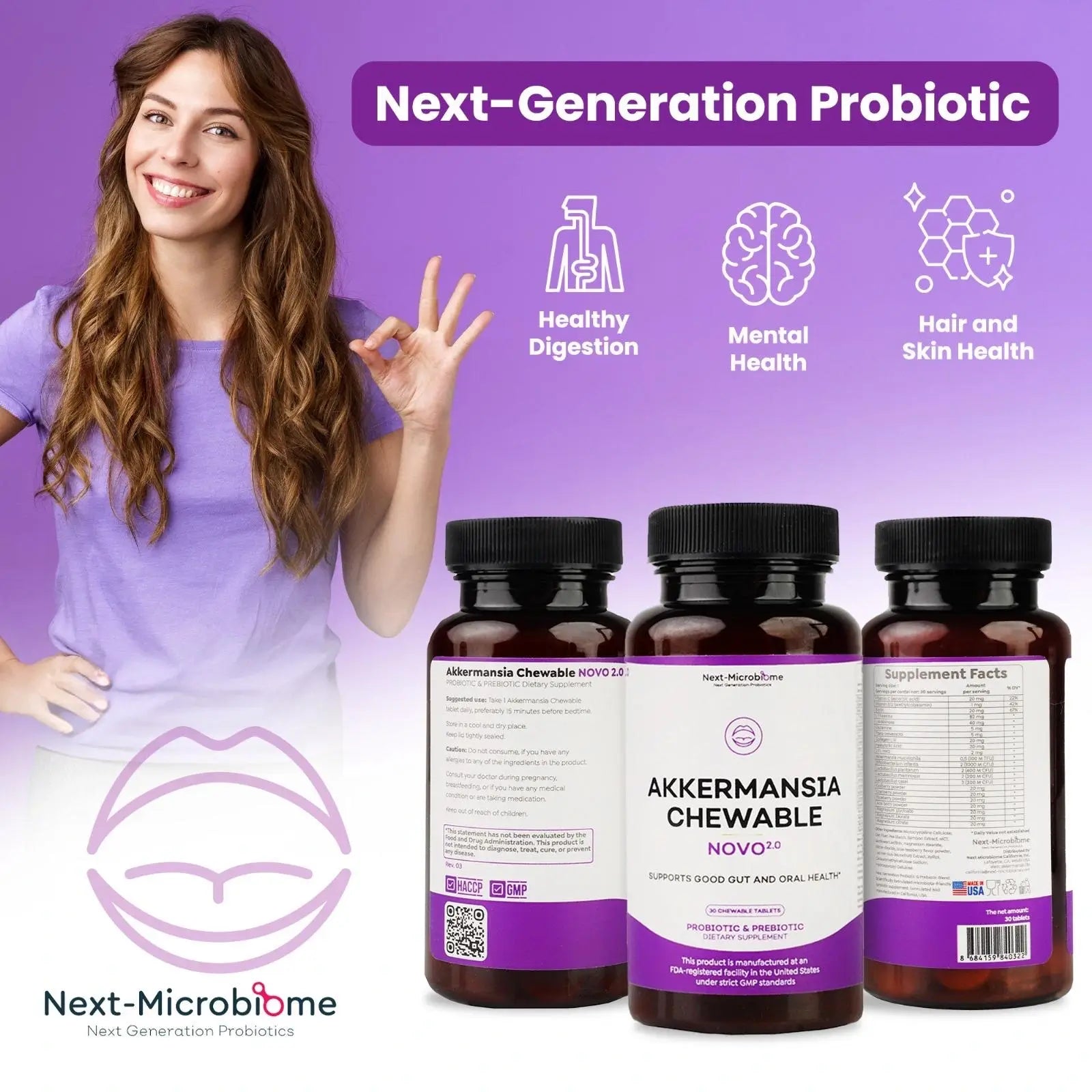 Next-Microbiome Akkermansia Chewable probiotic bottles with wellness icons