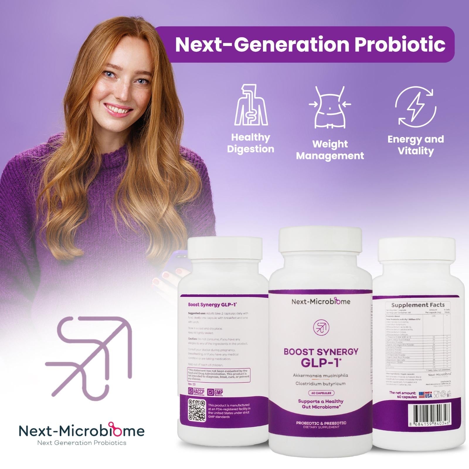 Boost Synergy GLP-1  Probiotic Akkermansia Muciniphila, Clostridium Butyricum HMO Ashwagandha, Supports Oral Microbiome, Digestive Wellness Gut Health for Men & Women (60 Capsules, 1-Pack)