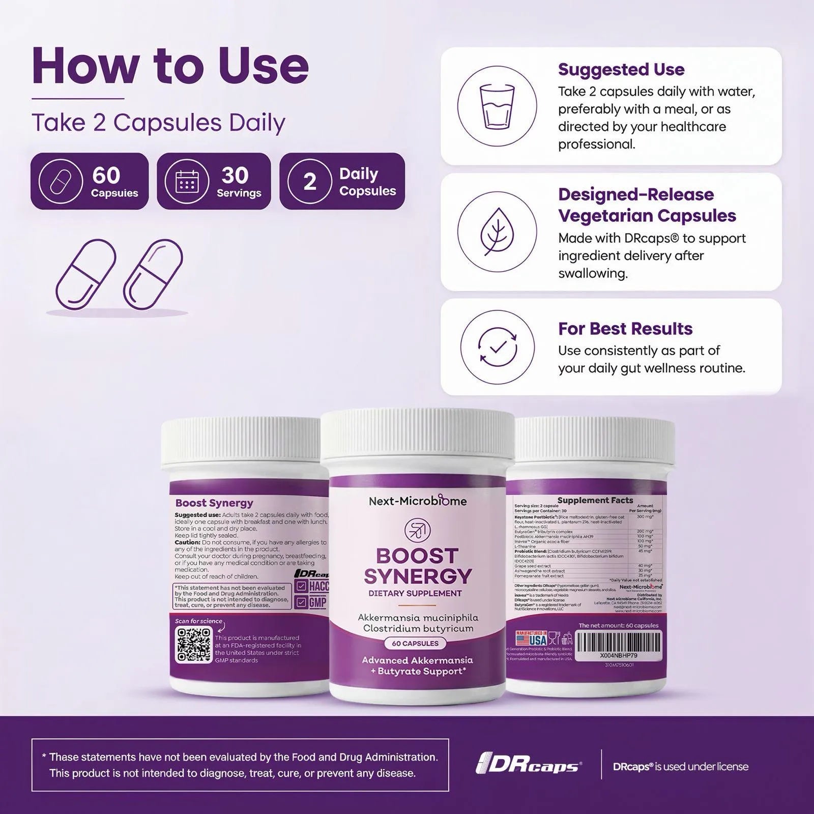 Boost Synergy how-to-use graphic showing 2 daily capsules, 60 capsules, 30 servings, DRcaps details, and front and back bottle labels