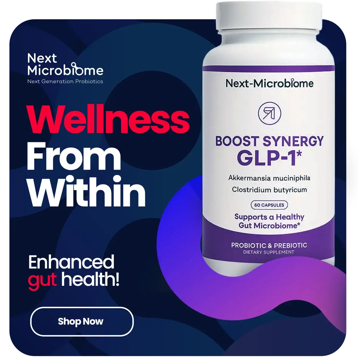 Next-Microbiome Boost Synergy GLP-1 probiotic and prebiotic supplement image highlighting wellness from within, enhanced gut health